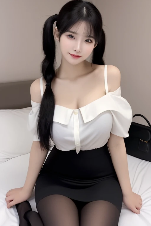 muste piece, best quality, illustration, Super detailed, fine details, High resolution, 8K,wall paper, perfect dynamic composition,(Details High quality, realistic depiction of eyes:1.3), (White camisole:1.1), pleated skirt, big breasts, short bob hair、black hair color, Big Natural Color Lip, bold sexy pose, crying a little、cold gaze, Harajuku style、20 year old girl、cute type、ta、beautiful legs, hotel room, gravure idol