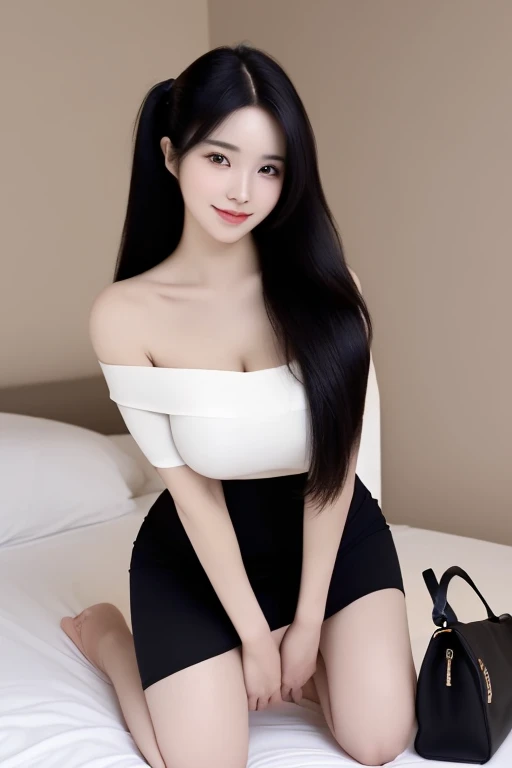 Thai beautiful girl, black hair, big breasts, wear t-shirts bare shoulders,on the sofa, in the office 