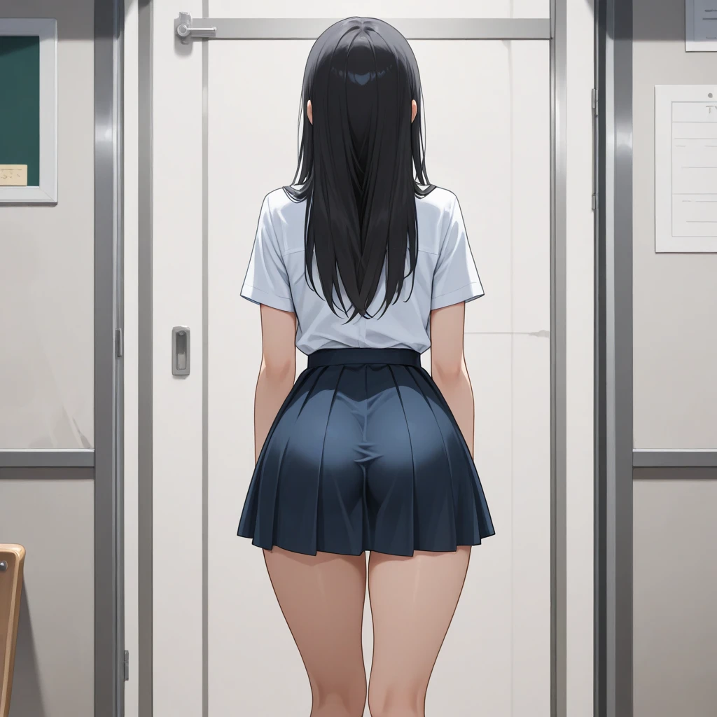 Saten Ruiko,Gym suit,Bloomers,locker room,Changing clothes,underwear,Bra flashing,Panty shot,White panties,Back view,Cowboy Shot,locker