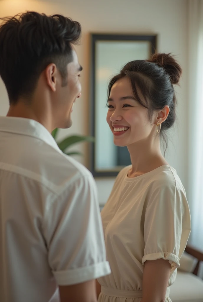 An Asian couple，in living room，Happy hugs