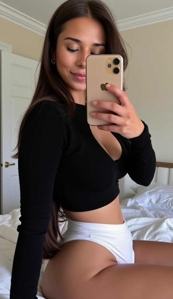 xoaeriel, a beautiful woman with wavy brown hair, ojos azules, nariz redonda,mano perfecta de la mejor calidad, foto realista, ((selfie con celular en el espejo)), vistiendo ropa sexy,((usando ropa ajustada)),medias negras hasta el muslo,guantes negros hasta el codo,hiperealista,NSFW
