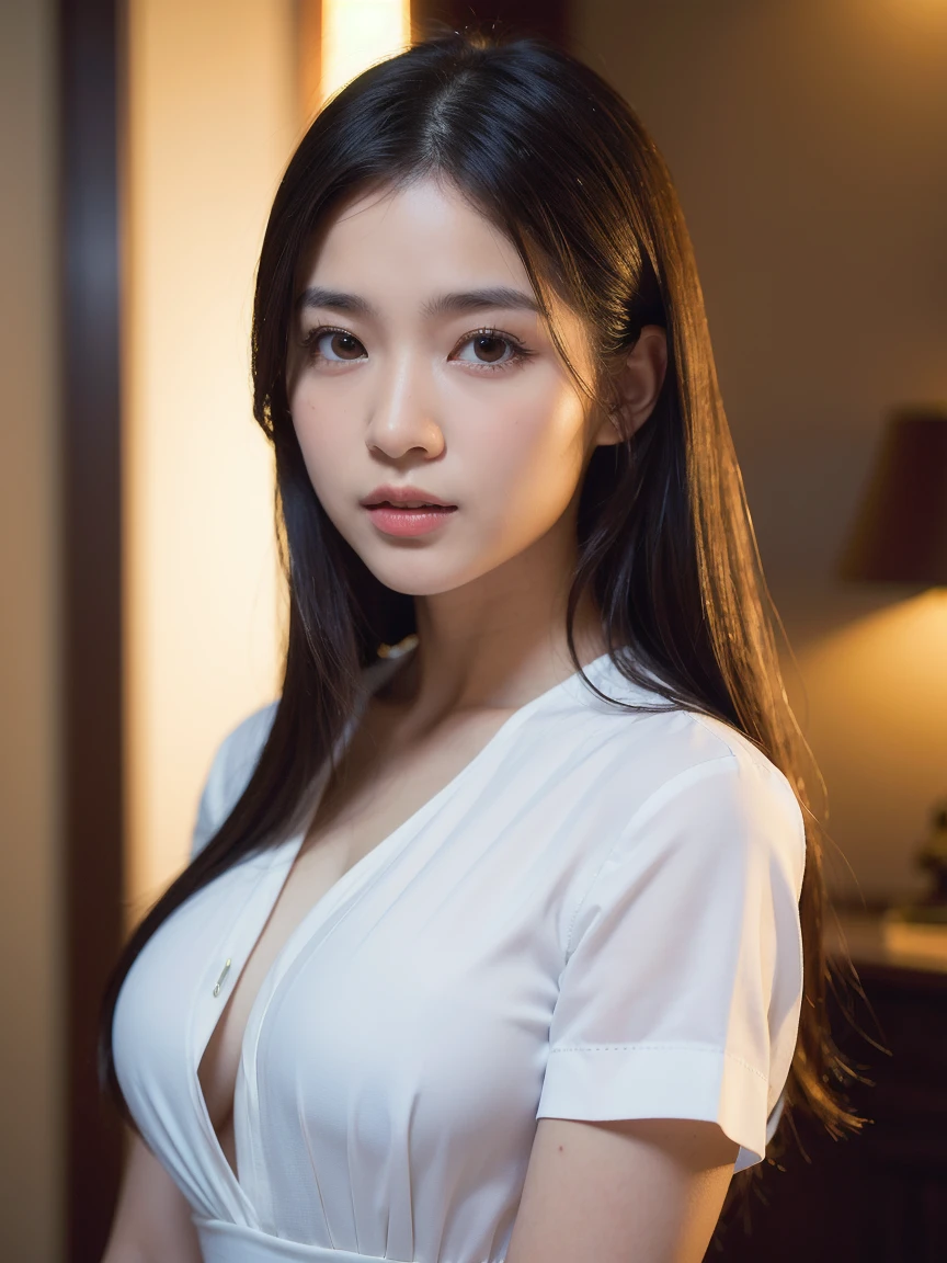 Fashion model 20 years old [[[[closeup cleavage]]]], [[[[boobgasm]]]], [[[[coll]]]], [[[[bshoulders]]]], perfect  eyes, Perfect iris，Perfect lips，perfect teeth，Perfect skin，Slender face，Soft front light，hdr，Movie girl，Casual，sitted，In the background is the bedroom；（pastel colour：1.2）