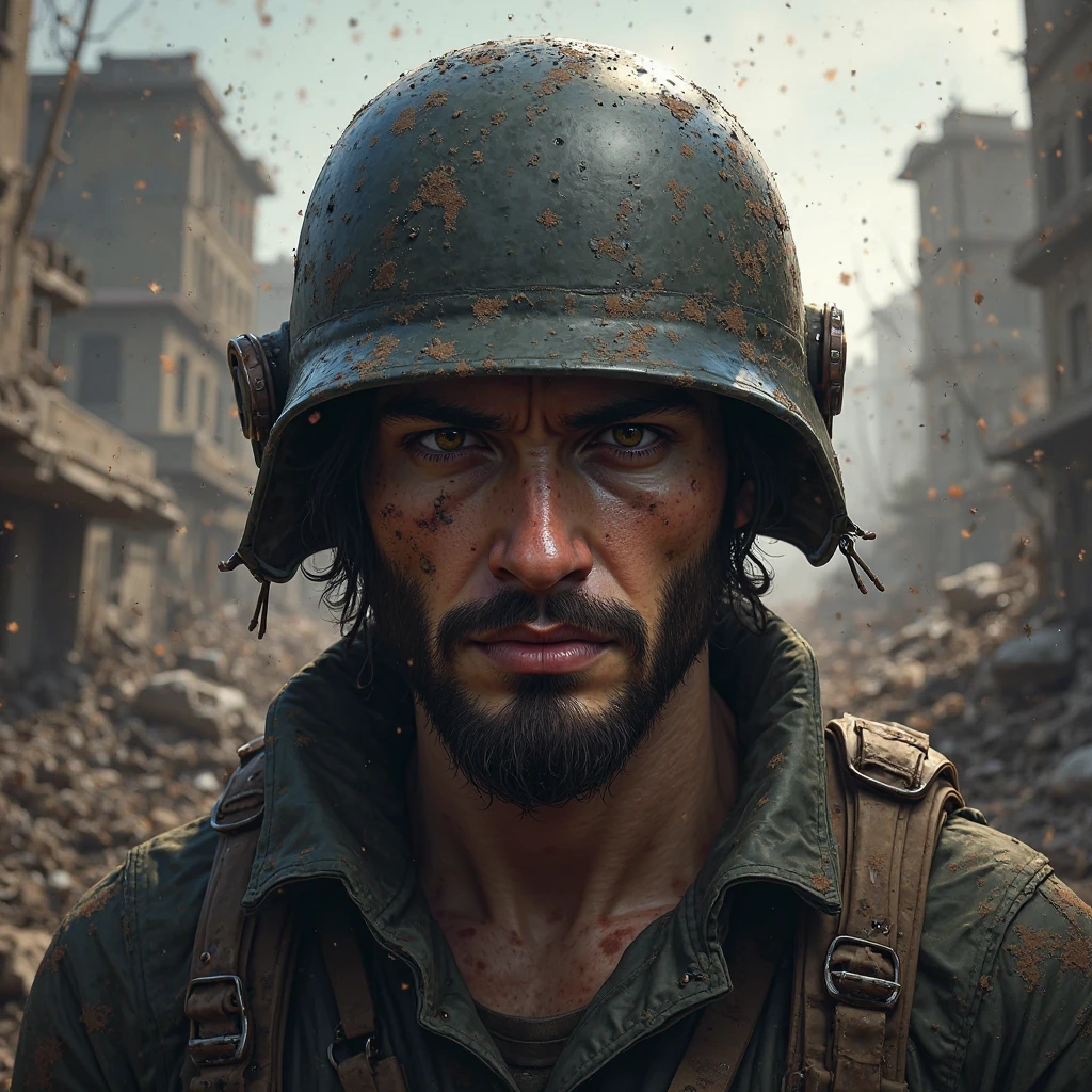 muscular male soldier, shirtless, holding knife, looking at camera, highly detailed portrait, photo-realistic, cinematic lighting, dramatic shadows, intense gaze, rugged features, grunge military helmet, battle-worn equipment