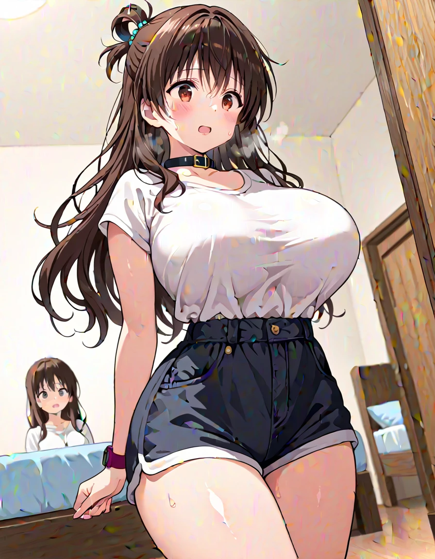 ((mid night、top-quality、8k、​masterpiece:1.3)), full bodyesbian, long legged, foco nítido:1.2, Beautiful woman with perfect body shape:1.4, Slender Abs:1.1, ((dark brown  hair、huge tit:1.2)), (White tight t-shirt、Jean Bib, is standing:1.2), station、Highly detailed facial and skin texture, A detailed eye, 二重まぶた、upskirt,