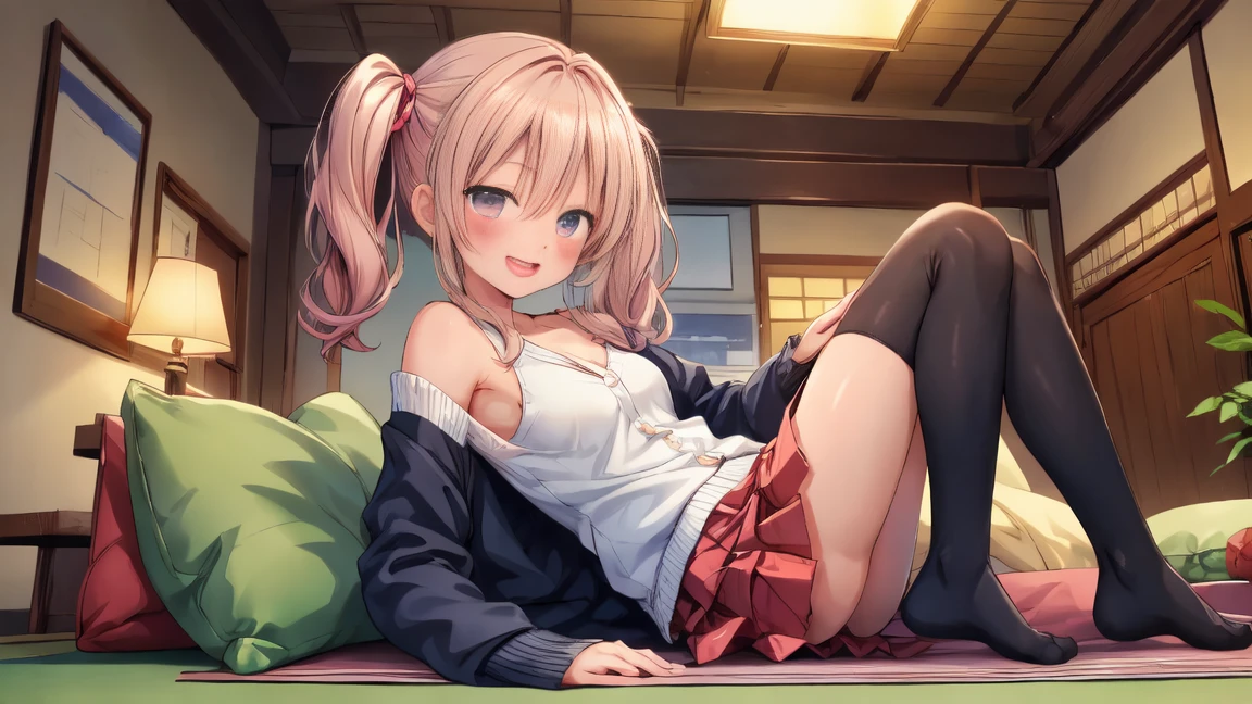 high resolution、1 female、、Blonde、((Black Mini Skirt、barefoot、Small breasts、Flat Body、No bra))、Natural smile、front、(((White oversized camisole、Leaning forward)))、Your own cute room、Healthy Body
