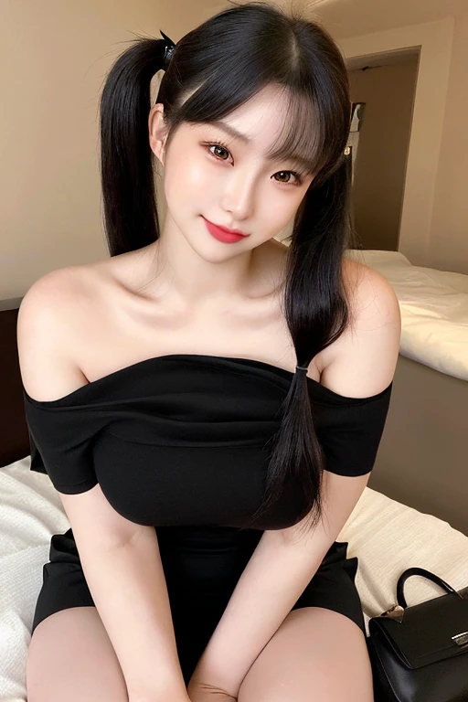 Japanese woman with big breasts in gentle mood sitting on sofa in cafe at night, shiny purple drop-shoulder blouse with ruffles, black mini pencil skirt, zipper on skirt, lingerie, bra visible, coffee, milk, pancakes and gun on table glossy boobs, high definition painting, high definition face, high definition mouth, high definition eyes, index finger to lips, realistic skin texture, heart mark in eyes, long silky straight black hair with slight purple reflection, princess cut, shimmering dust, purple glow drifting behind sofa, emphasizing shadow, ennui
