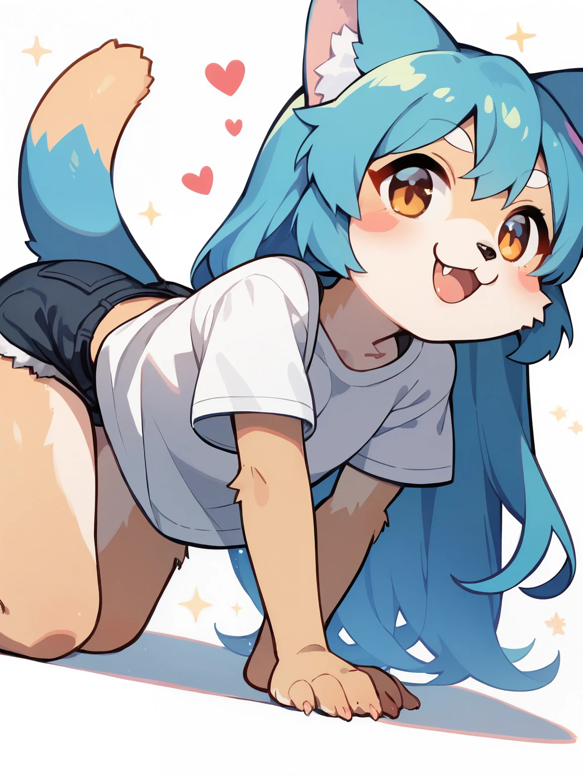 score_9, score_8_ up, score_7_ up, score_6_ up, score_5_ up, anime,nsfw, 1 girl, (An aesthetic fusion of furry, kemono:1.4), cat girl, animal nose , Cat ears, blue hair, shorts, solo, shirt, white shirt, =_=, white background, simple background, blush sticker, close your eyes, chibi, piercing, hair between eyebrows, bare feet, long hair, open your mouth, トップダウン ボトムup, :3, all fours, smile, short shorts, t-shirt, safe, masterpiece, best quality, is very aesthetic, Absard Dress,Heart Particles,