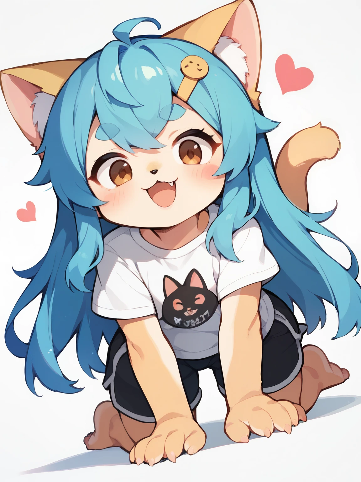 score_9, score_8_ up, score_7_ up, score_6_ up, score_5_ up, anime,nsfw, 1 girl, (An aesthetic fusion of furry, kemono:1.4), cat girl, animal nose , Cat ears, blue hair, shorts, solo, shirt, white shirt, =_=, white background, simple background, blush sticker, close your eyes, chibi, piercing, hair between eyebrows, bare feet, long hair, open your mouth, トップダウン ボトムup, :3, all fours, smile, short shorts, t-shirt, safe, masterpiece, best quality, is very aesthetic, Absard Dress,Heart Particles,