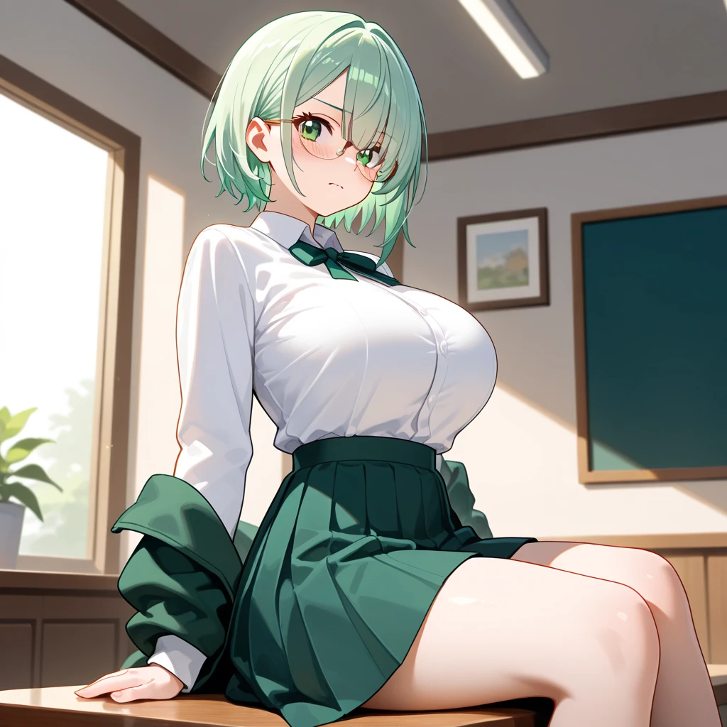 masterpiece, kamepan, realism, realism, from above, male perspective, shot in the face, hands folded, kneeling, kazumi yuuka, yandere, in church, big breasts, plaid jacket, white undershirt, evil smile, short hair, green hair, ruby eyes, red eyes, transparent underwear, big breasts