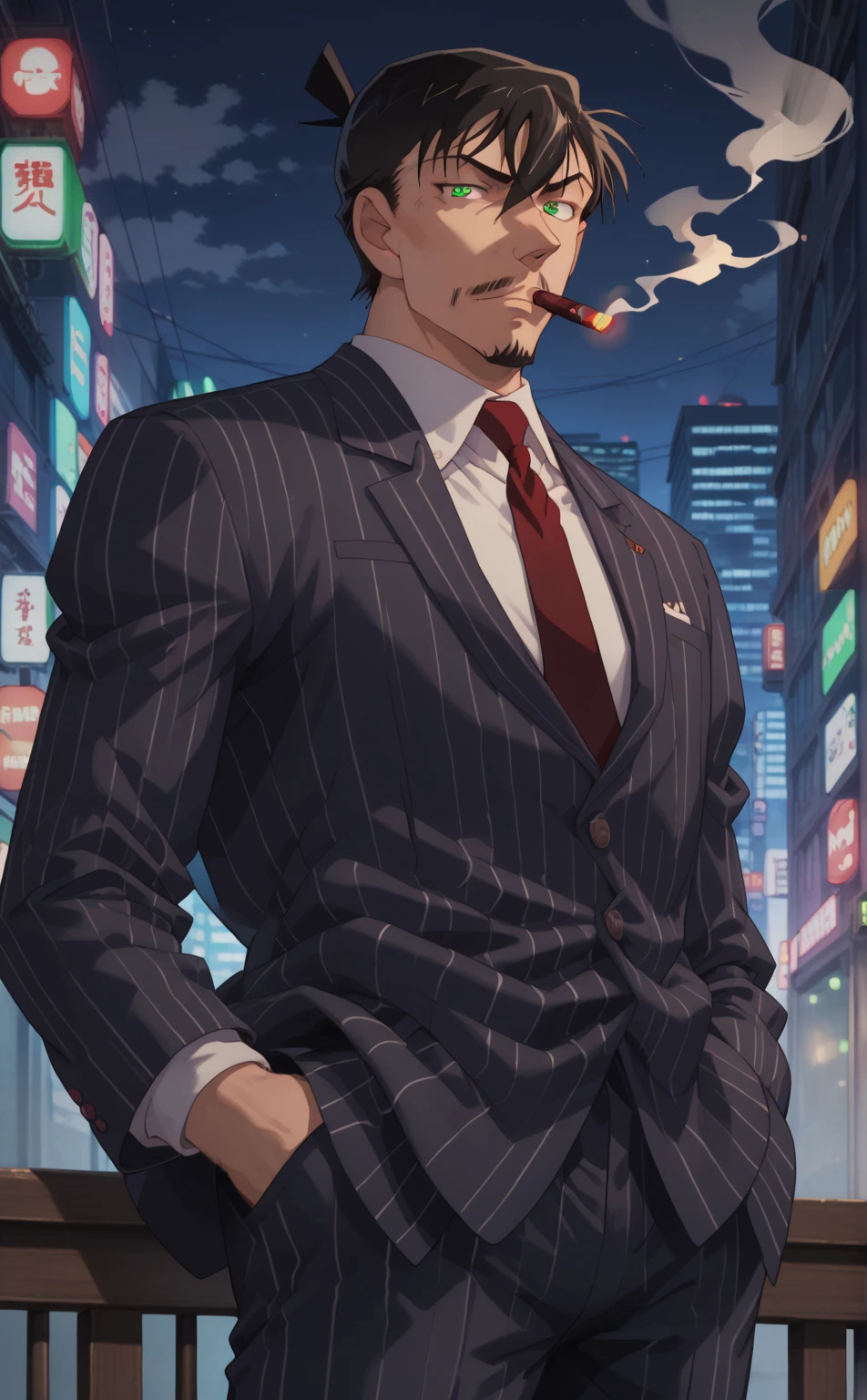 The uncle with a katana in his hand wears a suit,Smoking,Look up。