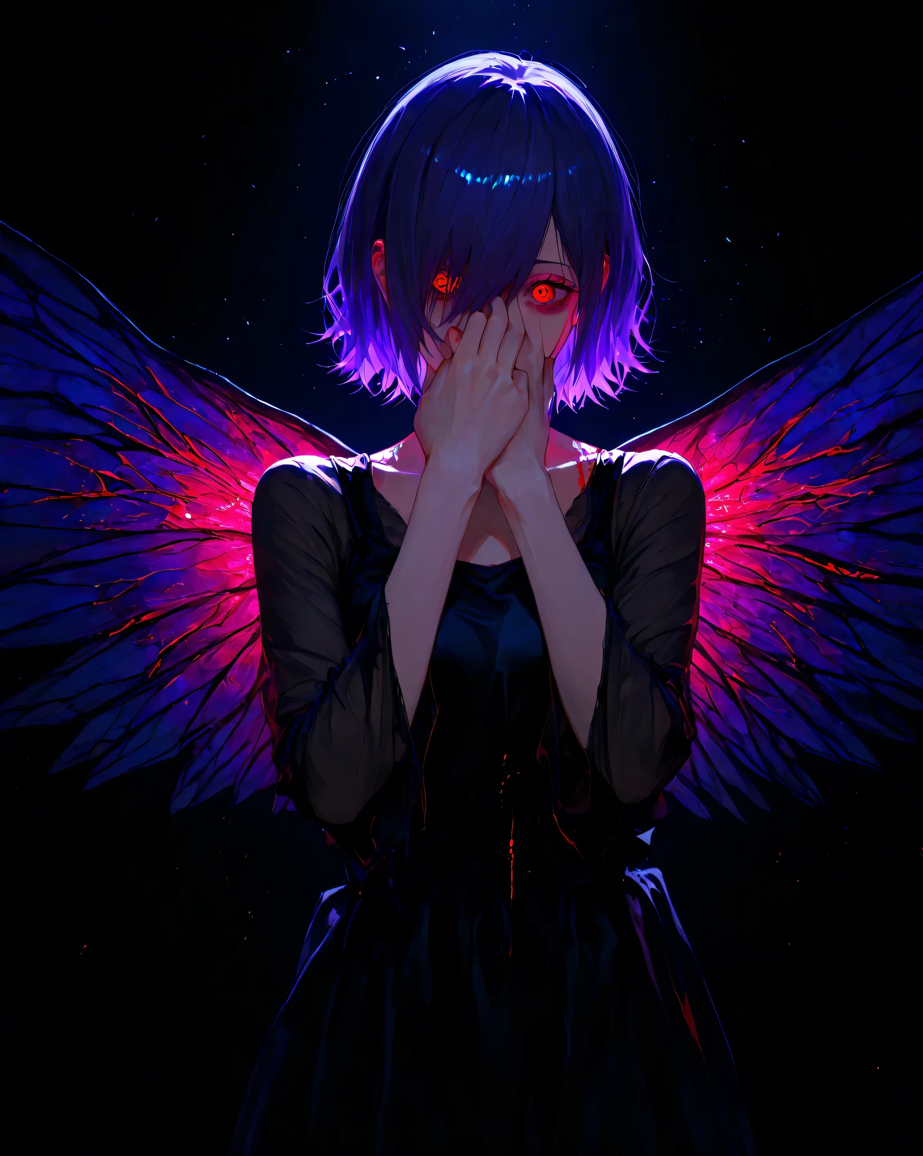 highly detailed, ultra-detailed, finely crafted features, glowing lighting, photorealistic, Moody Atmosphere8k, dark lighting , masterpieceKirishima touka , Tokyo ghoul , anime girl , Beautiful face , beautiful skin , blue-purple hair , Short hair , Touka Kirishima hairstyle , covering her hair on the left side of her face , Ghoul red eye , good anatomy, black dress , tired body position, Kaguni Okaku, Dark black background , ((kaguni wings with beautiful colors)) , Saturated colors , Blood , A little blood covers her, The spotlight is on her