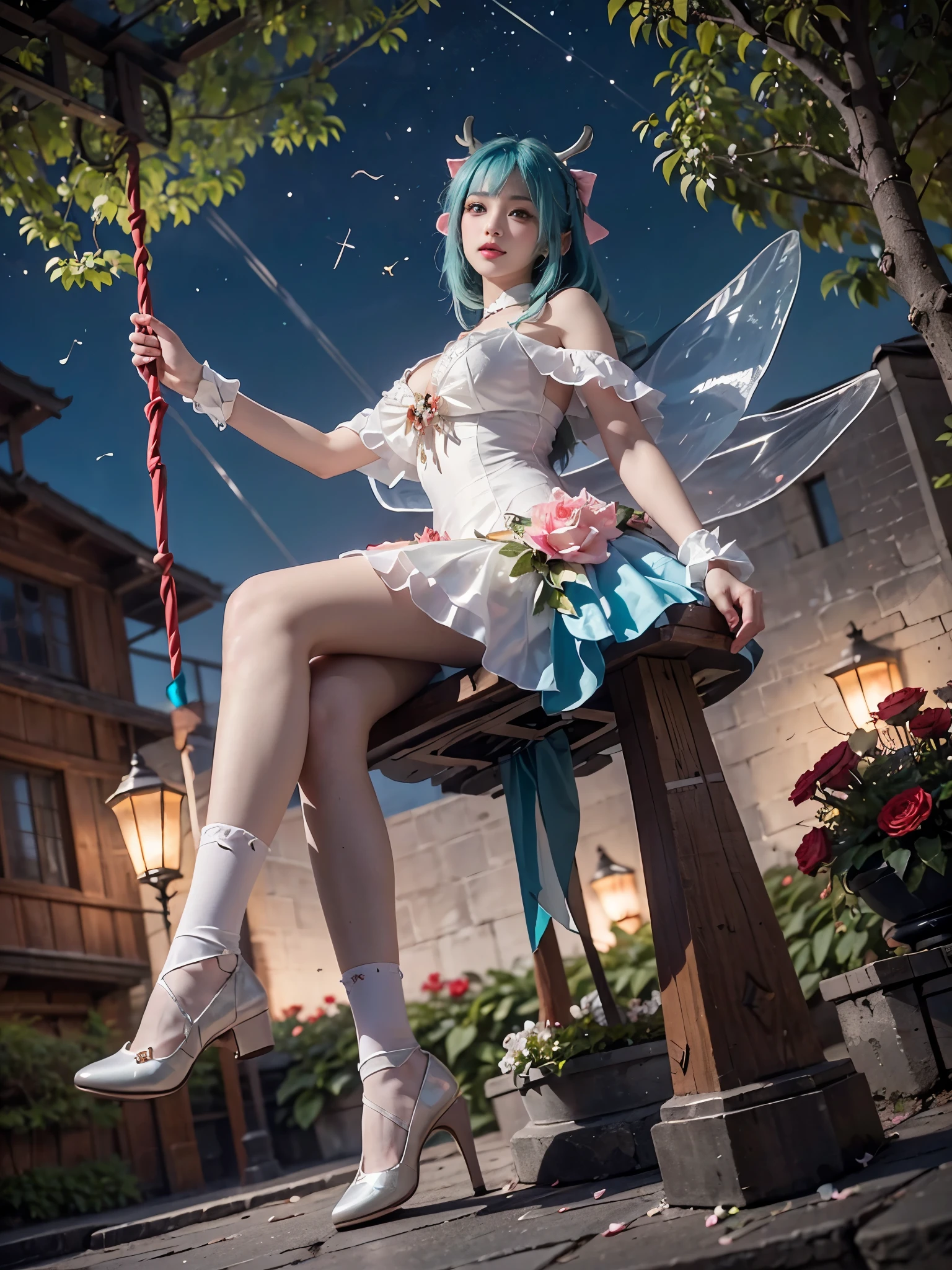 yao cosplay costume, aqua hair, dress, shoulder cutout, frills, choker, wrist cuffs, antlers, horns, bow, wings, hair ornament, animal ears, hair bow, hairclip, socks, kneehighs, shoes, high heels ,,(full body:1.4),(from below:1.3), photorealistic, exquisitely beautiful sexy long legs model, garden, (Sitting position:1.3), (Full bust, visible cleavage, very short hemline), (Lots of flowers around, roses in the foreground), **seated gracefully on a swinging swing**, gentle swaying motion, romantic atmosphere, night, soft moonlight illuminating the scene, shimmering fireflies dancing around, dreamy, elegant, highly detailed face, perfect anatomy, (eyes looking directly at viewer:1.15), soft and diffused lighting, high resolution, 8k, masterpiece, best quality, dynamic pose, flowing dress, (intricate details:1.1), bokeh background