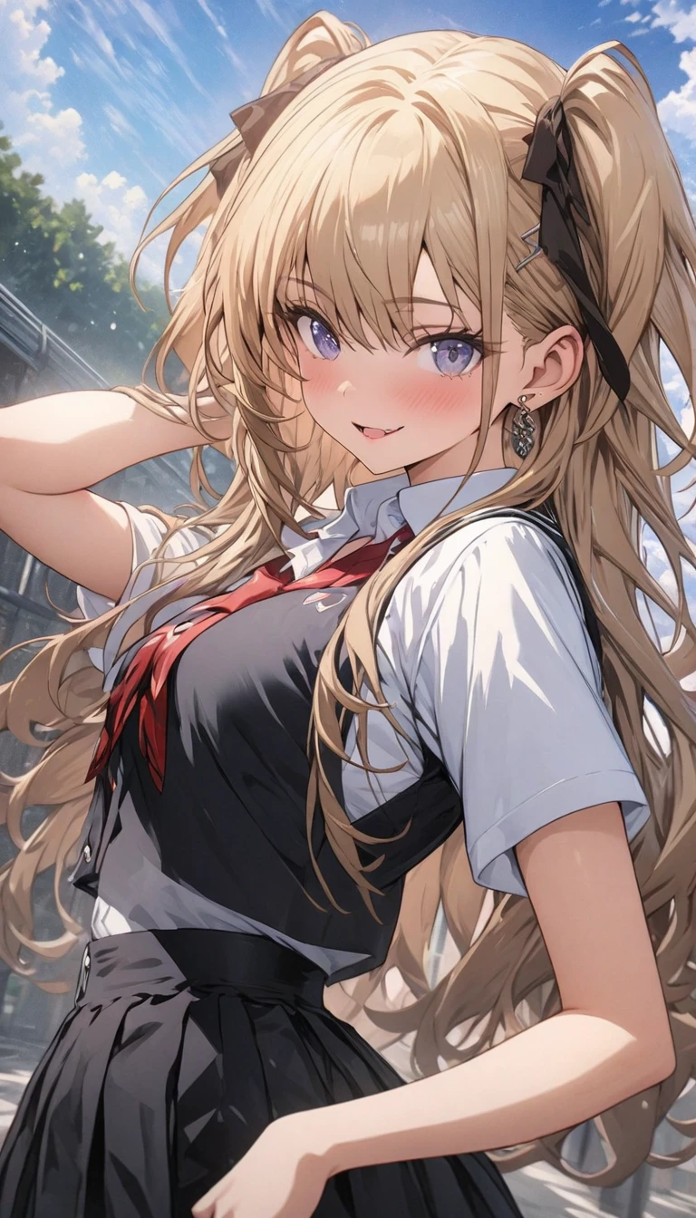 Ichinose Asuna, ((white background)), Gal, Pleated skirt, ((White Shirt:1.3)), Wearing a wet white shirt, Thigh, Angry face, blush:1.3, Angry face, heavy breathing,