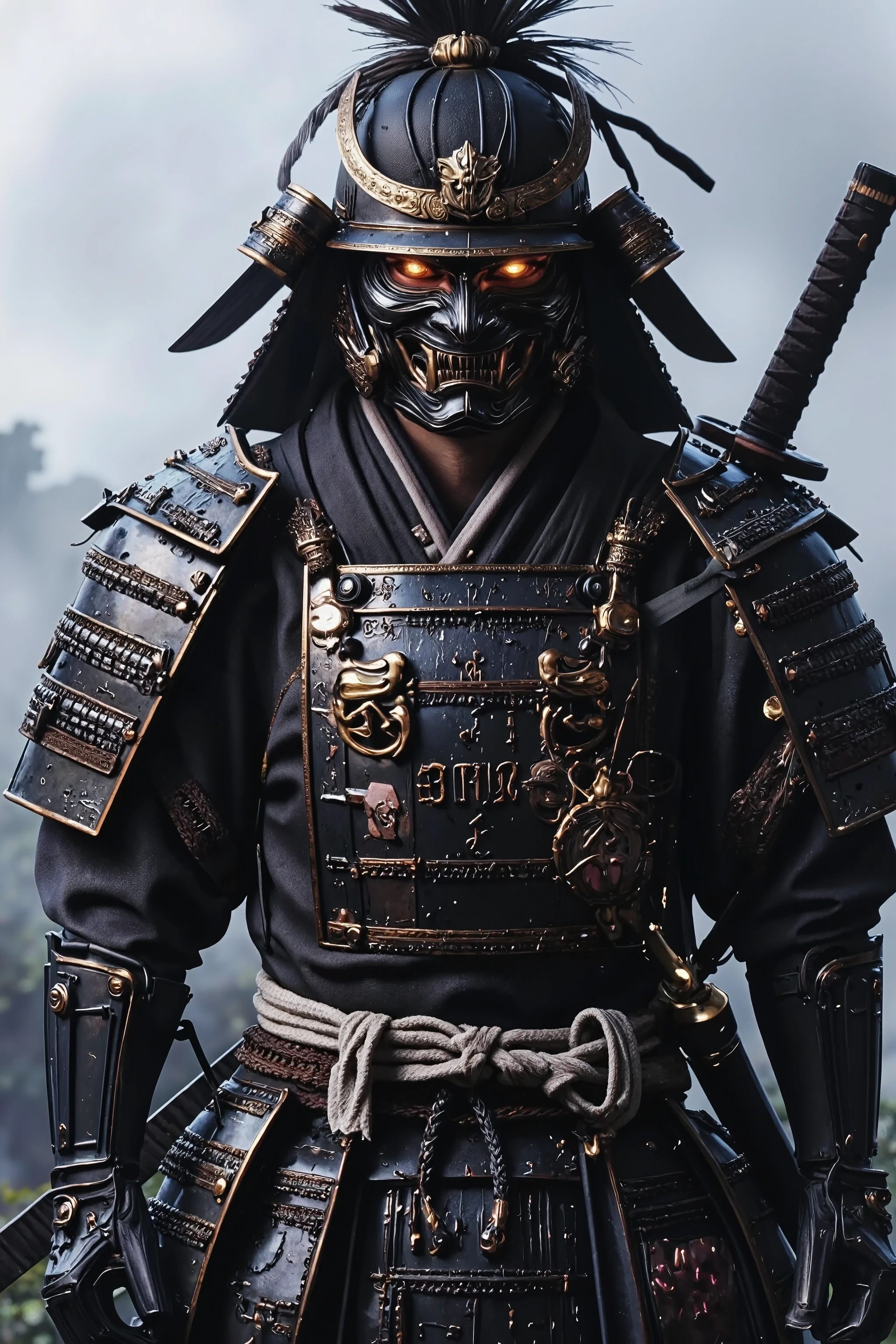 A man with a long torn cloak with cylinder type mask made of wood and stone a smirky grin imprinted on the mask fingerless armor covered gloves an ancient warrior with a dark aura one of the top 9 heavenly swordsmen