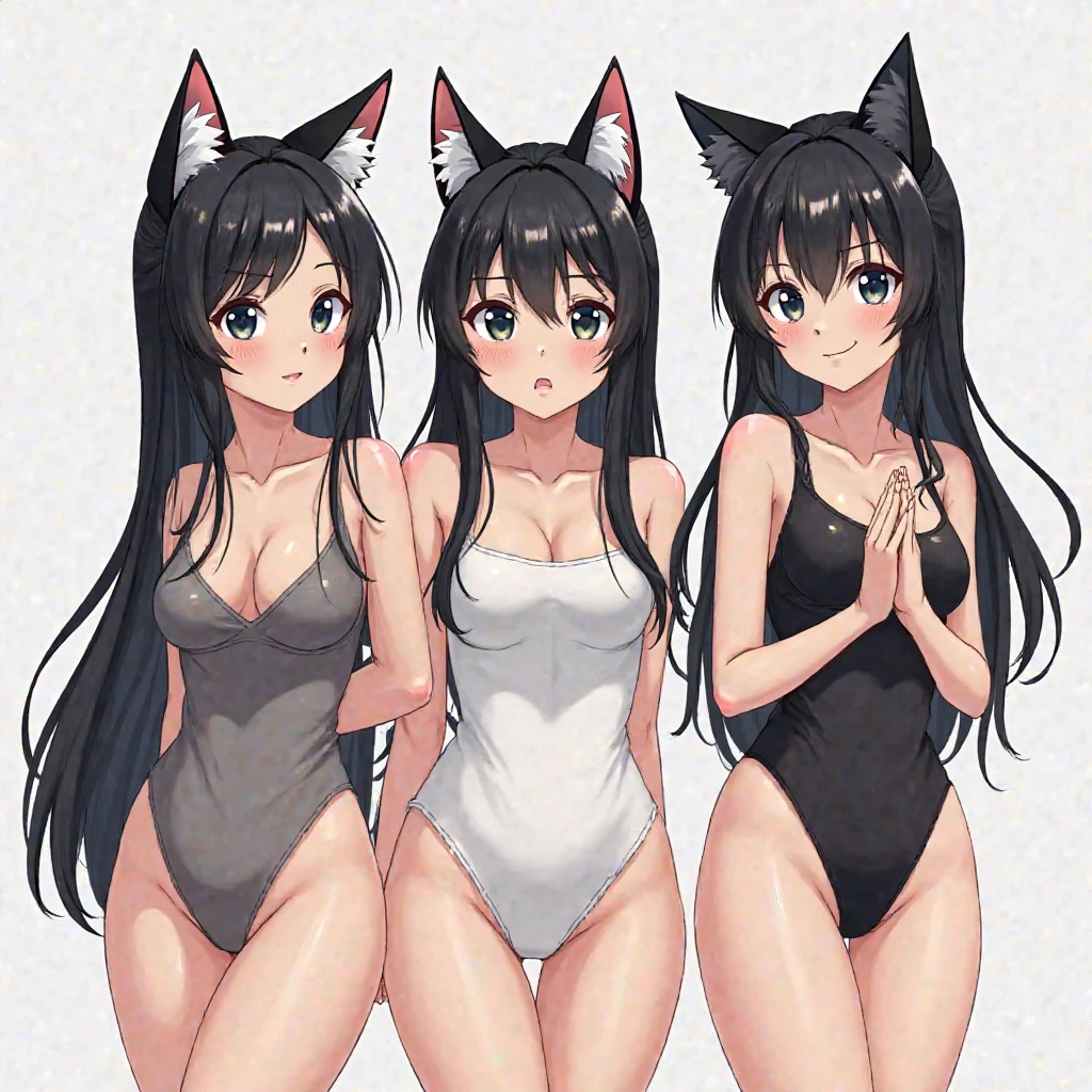 (((woman alone))),(((cat ear))),(((Long Black Hair))),(((dark skin))),(((green eyes))),(((body with slight curves))),(((thin waist and medium breasts))),(((wearing a nice outfit))),(((Alone)))