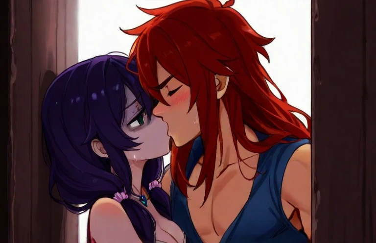 starfire, slim, red hair, green eyes, purple top, midriff, purple skirt, thigh boots, ohxw, bare shoulders, star12, lap dance, side view, sex