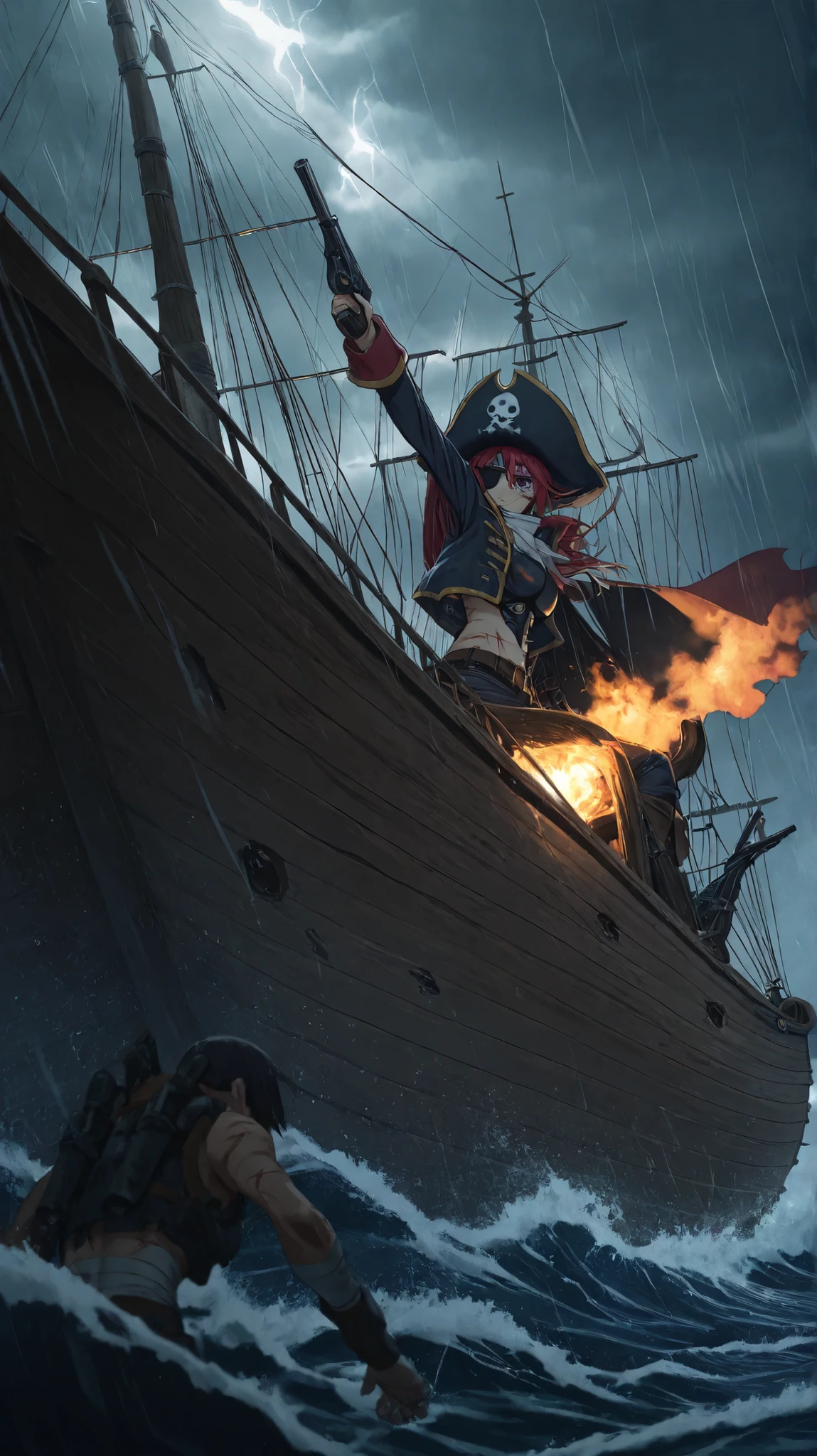 (32K, Masterpiece,sharp focus, thriller movie),pirate captain woman, marine members in the background, gun wars, holding a gun, scars, battle damaged, bandages,eye patch on the woman, very chaotic situation, storm, hurricane in bg, in ship on the sea