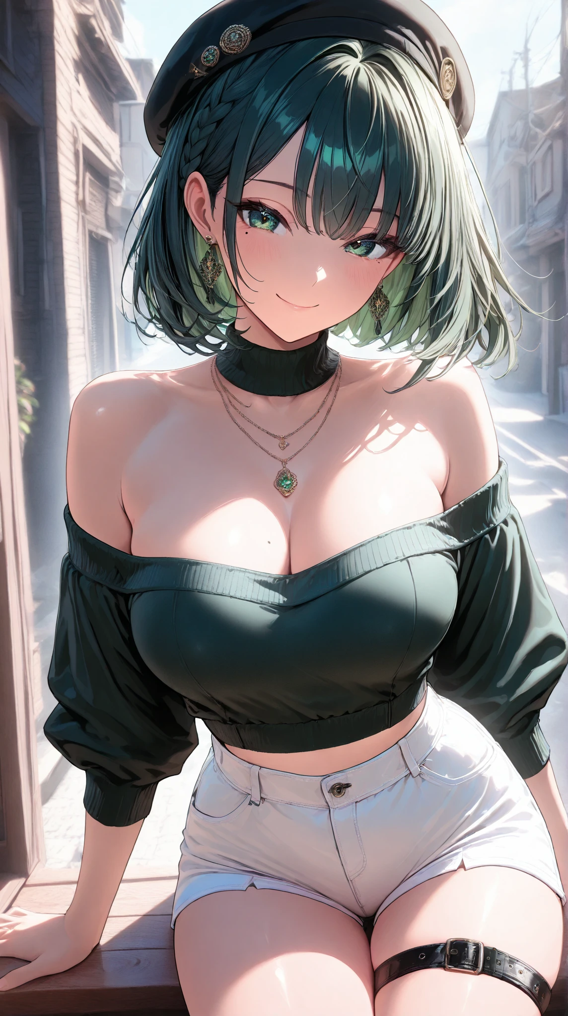 Girl with short green hair, Medium chest, Green eyes, wearing black casual clothes、Beautie、Mature、(tits out)see through dress