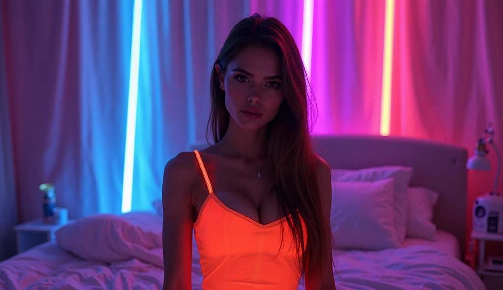 best quality, intricate details, chromatic aberration,
21 year old young athletic woman,
1girl, long hair, black hair, messy hair, red highlights, hair over one eye, red eyes, sharp eyes,
choker, skin-tight neion crop top and panties, leaning back, develish seductive smile, seductive open lips,
blacklight, sitting on bed with legs spread in bedroom, cameltoe, open seductive smiling mouth, legs spread, happy worshipping, manspreading, hands behind back, hands not visible,womb tattoo on stomach