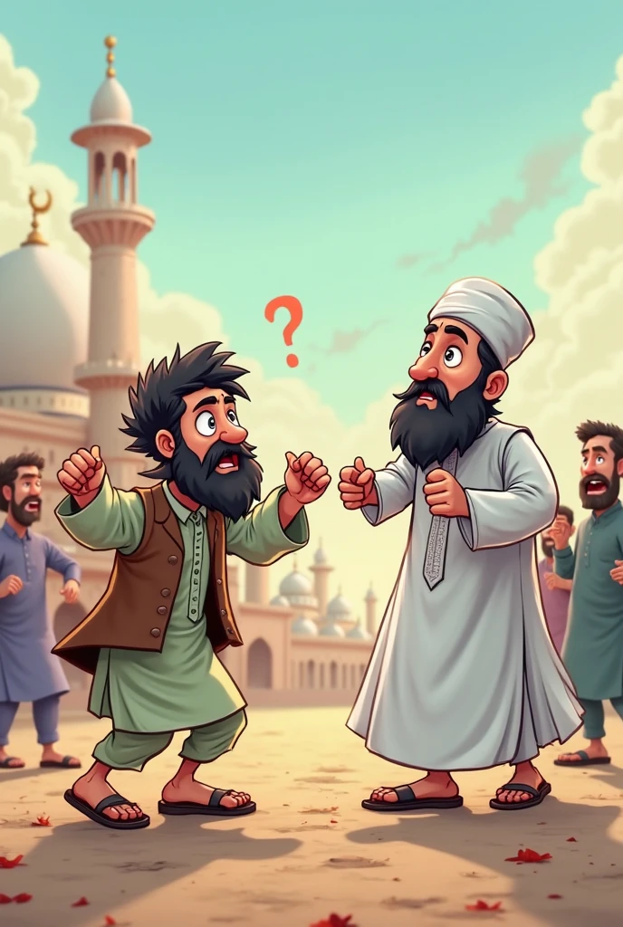 Two disobedient people are laughing in front of an imam and talking with raised fingers