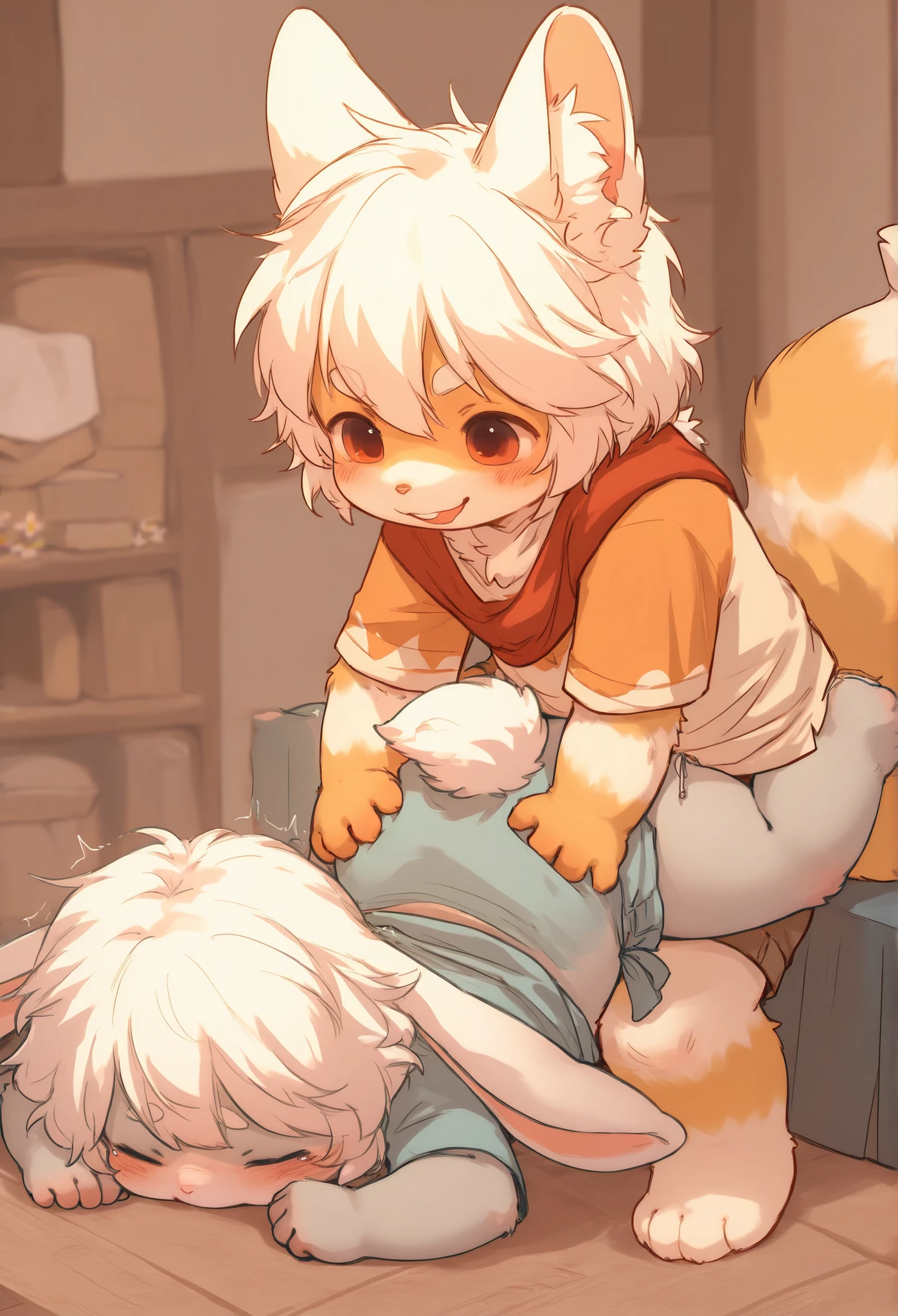 Dwarf rabbit boy,furry boy,Toddler Characteristics ,white hair,gray skin(White),Flower dot ,Shawl,Short sleeve, shorts, Fox Boy ,furry boy,Toddler Characteristics,white hair,White Arm,Light orange skin,mating, room