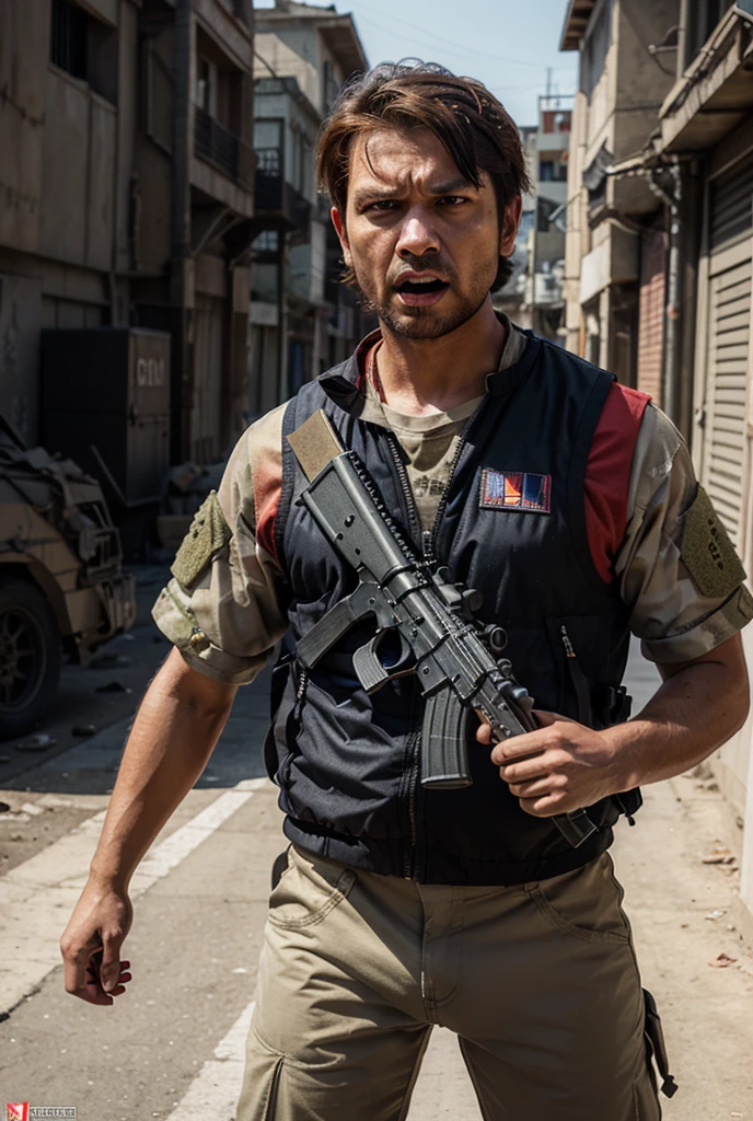 4men, short black hair, green eyes, wearing american soldier uniform, guns, wartorn city, daylight, absurdres, high res, ultrasharp, 8K, masterpiece, looking at viewer