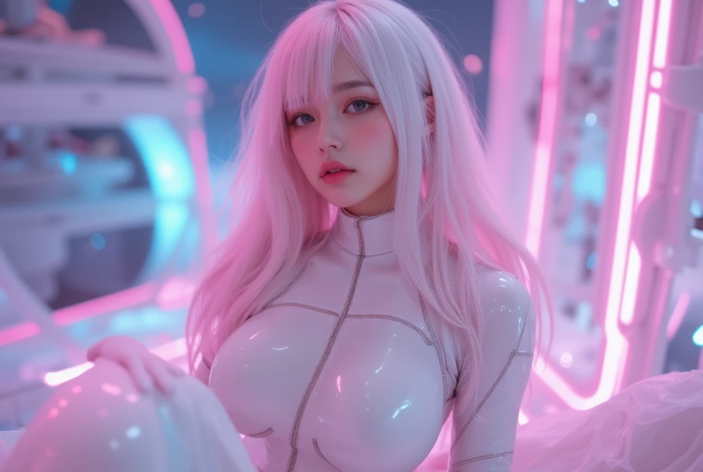 ((rooftop building: 1,3)), ((Japanese, alone, Medium shot, Rooftop walk in Harajuku, ((nighttime)), blur, neon light, Rainbow eyes, starry sky, Japanese ใบหน้าของเด็กสาววัย 18 ปีที่น่ารักมาก, human torso, human abdominal cavity, hiprobot, Human Arm, human leg, The limbs have a hard, shiny white shell and light pink joints., Very beautiful and feminine, long hair pink hair, , small breasts, show of division, Showing a pink shiny rubber armored abdomen., cyber cat ears, pink armor joints, Very stylish., Award-winning product design, White rubber tights, A shiny white metal breastplate opened at the cleavage., bottomโลหะสีขาวมีรอยย่น, And the armor looks stylish., The car's trims glow pink., full body, Fly at a medium speed,((robot)),((looking down)),((bottom corner:1. 3)), from below, looking at camera, hip、bottom、bend, ((A white shiny leather suit covers the entire body.)), ((stand fighting))