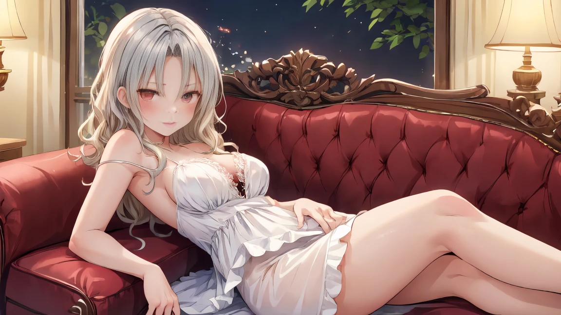 (Highest quality, High resolution, Very detailed), 1 female, Silver Hair, Long Hair, Reddish brown eyes, Black Dress, Nude, pussy, vaginale, ((pussy juice)), secretary, 24th generation, Beautiful woman, mature, thin, quiet, Calm, Large Breasts, A small smile, sofa,