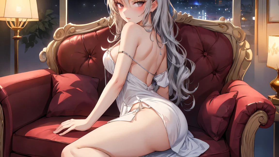 “(tmasterpiece),The best quality,style of anime,femminine,on top of the bed,,(1 Trap:1.2),1.3),long white hair,light-skinned,There is a vaginal path in the sexy,ecchi,”。” --auto