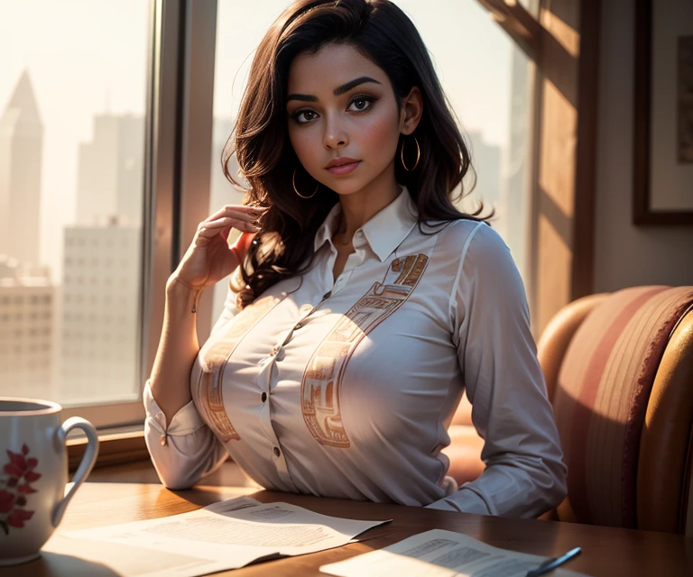 Masterpiece, highly detailed, full body, woman sitting on office desk, teasing, playful, sexy, mixed-race, dark skin, (((young monica bellucci))), (black jennifer lawrence) , (naomi campbell) , aishwarya rai, (((short hair))) , (((hair attached))) , (((hair bun))) , relaxed face, lips apart, smile, ((white business shirt)) , large natural breasts , ((long saggy breasts)), ((natural heavy breasts)), indoor, ((office)), (office furnitures), (ikea furnitures), (((night time))) , ((backlit)) , ((rim light)) , (((low lighting))) , intimate, low contrast, F/22, iPhone X,