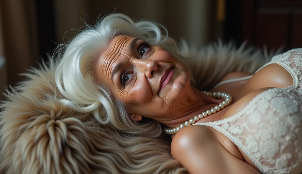 mature woman with insomnia, lying in bed, eyes open, medium breasts, penumbra, lamp light, illuminated face, nostalgic atmosphere, ultra definition image, realistic photo, 8k --auto --s2