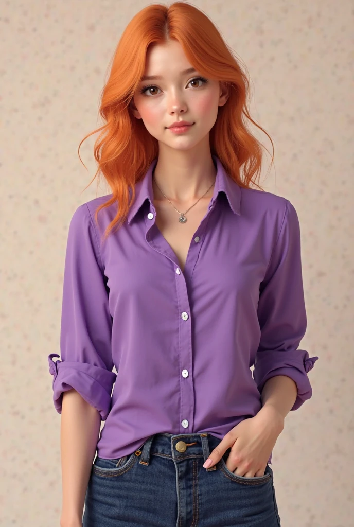 Realistic full body photo of a smiling, Young red-haired girl with long hair, She dances in front of the camera in a long shirt made of shiny purple satin and tight jeans.., Park,glamour fotoshooting, Park, perfect anatomy, perfect green eyes. Perfect hands with 5 fingers on each hand, Matching girl, look into the camera, 1 Frau. (Eye make up:1.1), (highly detailed skin:1.1), spirit, analog style, keen focus, 8K  UHD, dslr, good quality, Fujifilm XT3, Grain, Award-winning, ​masterpiece. Park