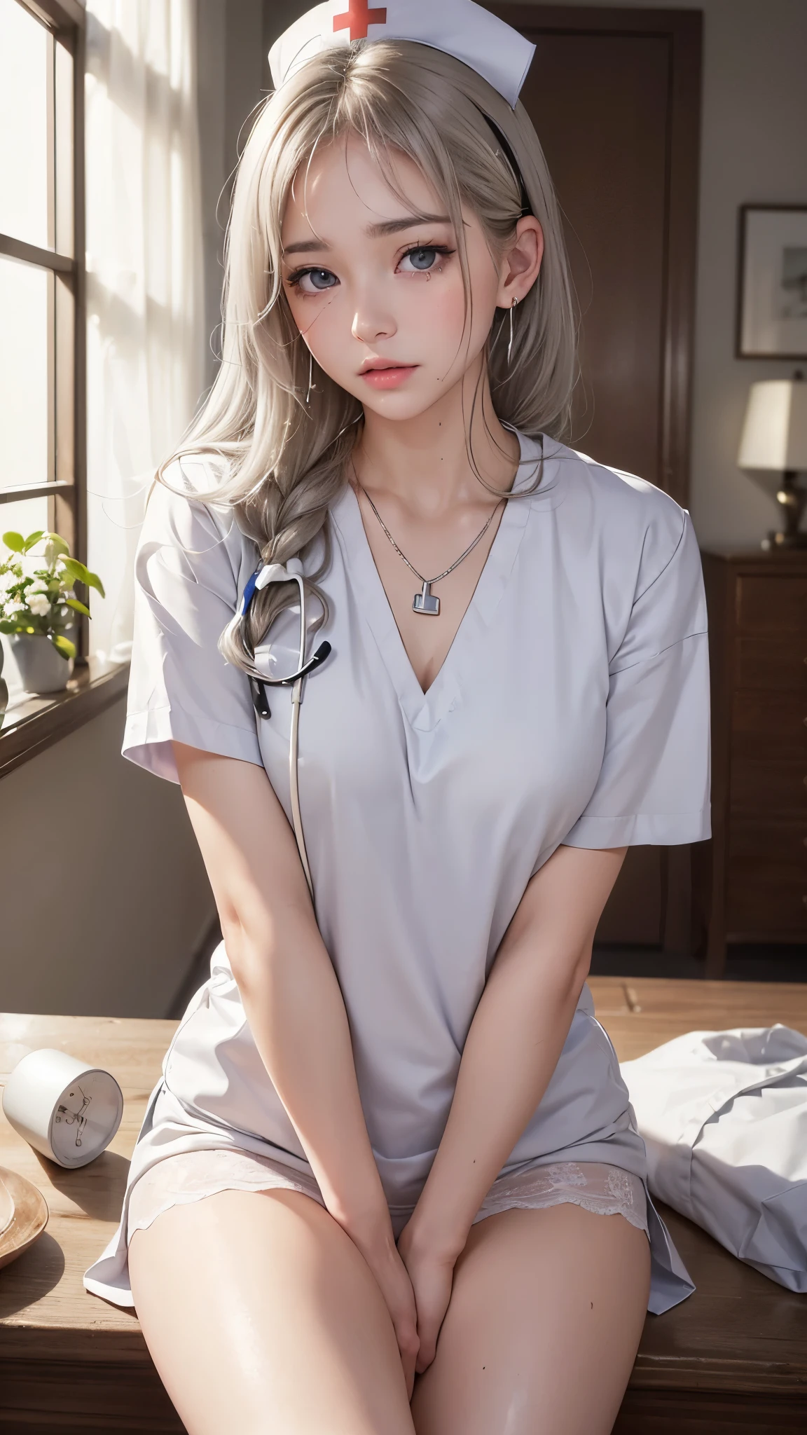 Picture of a nurse being sexually assaulted by multiple jerks、(masterpiece: 1.3), ( max resolution: 1.2), (Ultra HD TV: 1.2), cinematic light , 8k resolution, Detailed Facial Features , (sharp concentration: 1.2), (focus on the face:1.2),perfect style, beautiful face, Acura, anatomically correct, Highly Detailed Face and Skin Textures, Beautiful Eyes,Beautiful Eyes, Beautiful eyebrows, glitter eyeliner : 1 natural cheek, Glowing Skin, white skin: 1.2, (glossy lips: 1.4),、 (embarrassed expression scratching through your fingers: 1.2),Highly Detailed Face and Skin Textures, natural cheek, , glossy lips: 1.4,perfect style、chest、soft breasts、(semen on chest:1.4)(White Sperm on Thighs:1.2)、 、 humiliating expression 、uneasy、 Expression of Humiliation 、embarrassed expression scratching through your fingers、glare、anger、sorrow、tears、Open your knees、foot、 white underwear、glittering little earrings and necklaces、 disheveled clothes 、white panties、sweated、Lightweight underwear、stockings、Year: 22 years old, was excited, blondes、silver hair、 black brown hair 、Blue-gray eyes 、 Greenish Gray Eyes 、Old living room、(nurse clothes:1.2)、Nurse's hat、Masturbation behavior、shortcuts、 Sculpture Pose 、shot from below、wet panties、Place your hands on the floor 、
