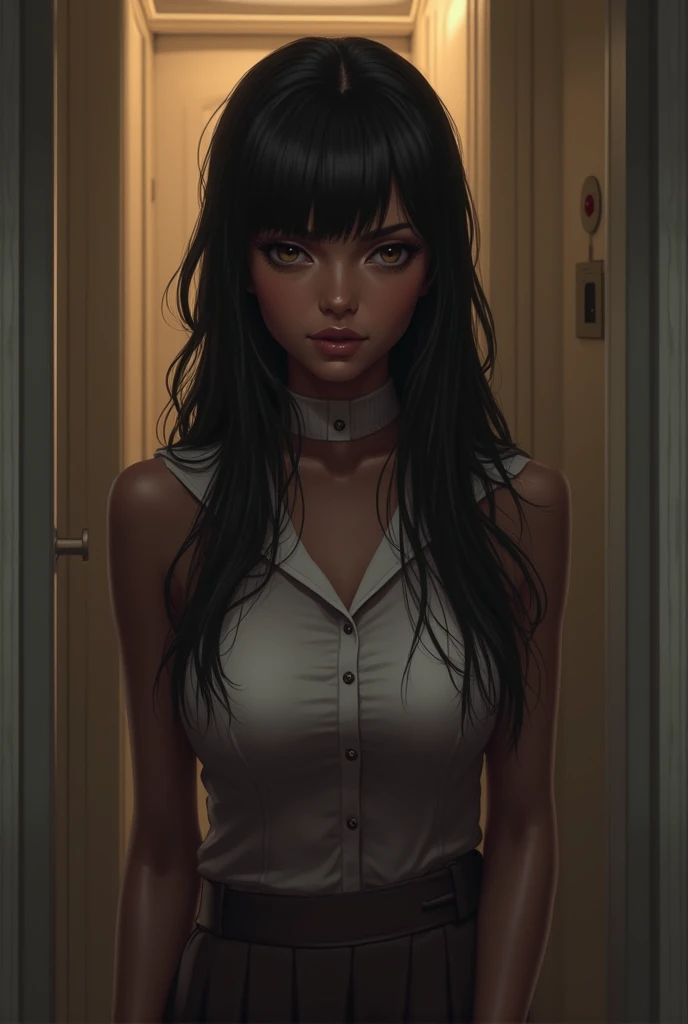 Anubis's daughter is dressed in a white long loose T-shirt and closed jeans, long black ears, claws, kblack eyes, fur on the arms and neck