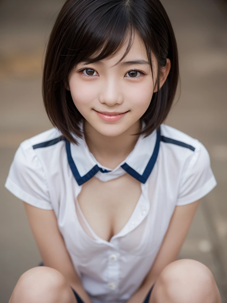 Japanese schoolgirl),((Beautiful girl)),cleavage,the expression imagining what feels good:1.2,(perfect body beauty:1.2),((perfect body)),(shy smile),beautiful teeth,