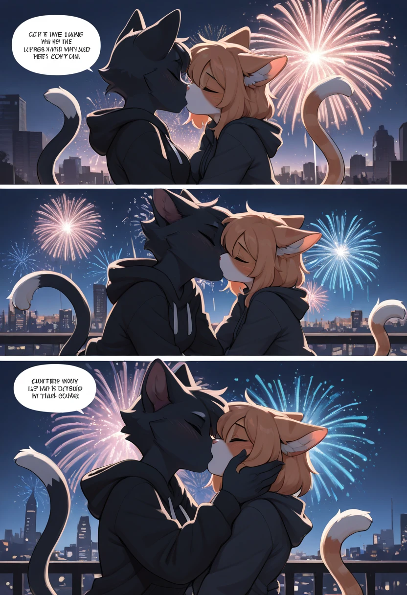 female, young, anthro, furry, android, metallic, robotic, robot, shiny, kitten, yuri, girls only, short height, small breasts, thin body, curved thighs, kissing girls, laying down, under bridge, hugging, holding, rubbing, intimate, no clothes, on mattress, at night, fireworks, date, science fiction, stars, high quality, masterpiece,