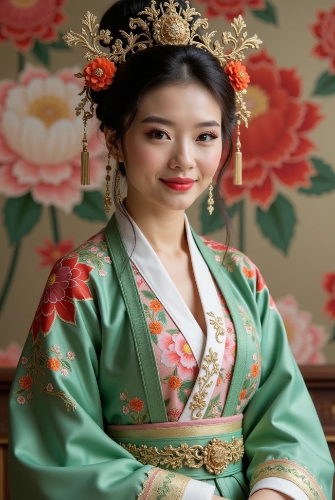 A Photograph of a young chinese woman in a realistic professional photoshoot, silk cloths, Capture her graceful beauty as she poses amidst a vibrant temple backdrop., undefined