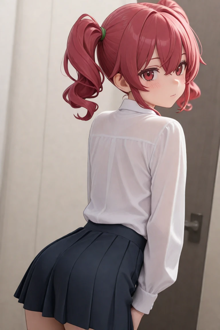 1 girl, solo, ichika nakano, short hair, salmon pink hair, blue eyes, soft and light skin, detailed eyes, looking at viewer, pink hair, earrings, standing, white shirt, shirt, cleavage, supported chest, pajamas, parted lips, no pants, naked shirt, dress shirt, sexy body, curvy body, dynamic pose, bag, bangs, ladder, high quality, big breasts, medium waist, wide hips, medium thighs, interior, bedroom, japanese style room, (1 girl), (solo), standing, best quality, ultra detailed, masterpiece, looking back, from behind, ((focus on ass)) , (round ass) point of view (from below), perfect anatomy, perfect hands