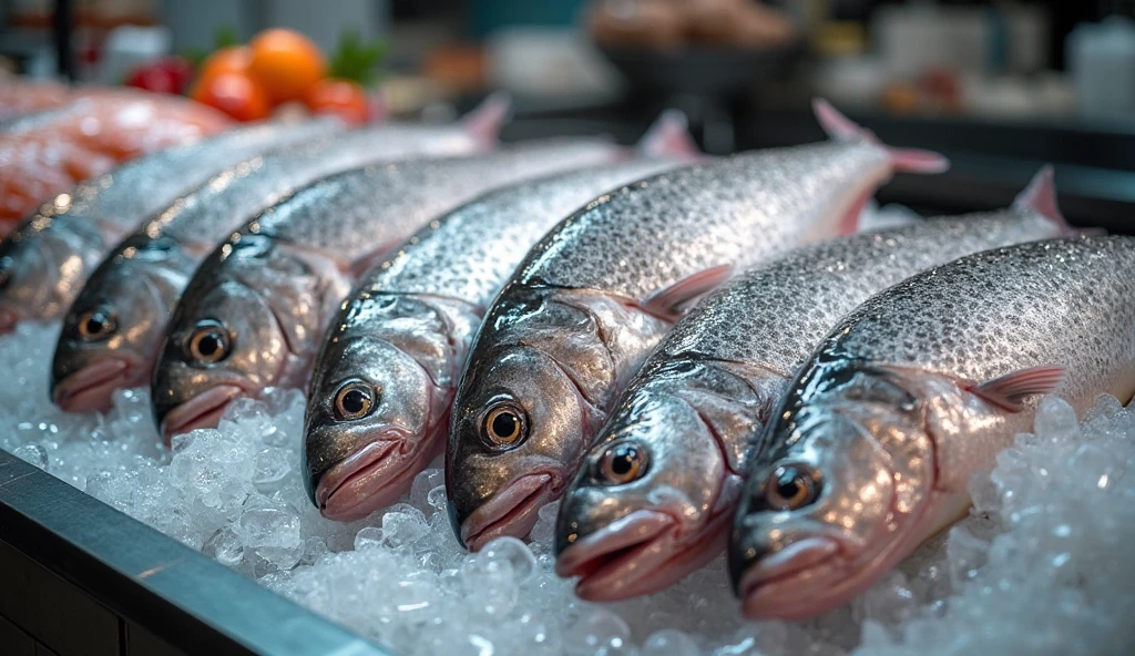 "Fresh whole fish on ice in a seafood market, clean and bright look, professional commercial food photography"