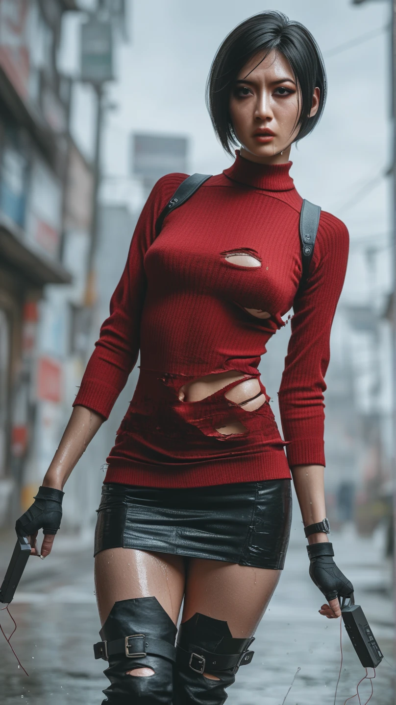 female with green eyes, black hair tied to a bun, strapless midi dress, red scarf around her neck