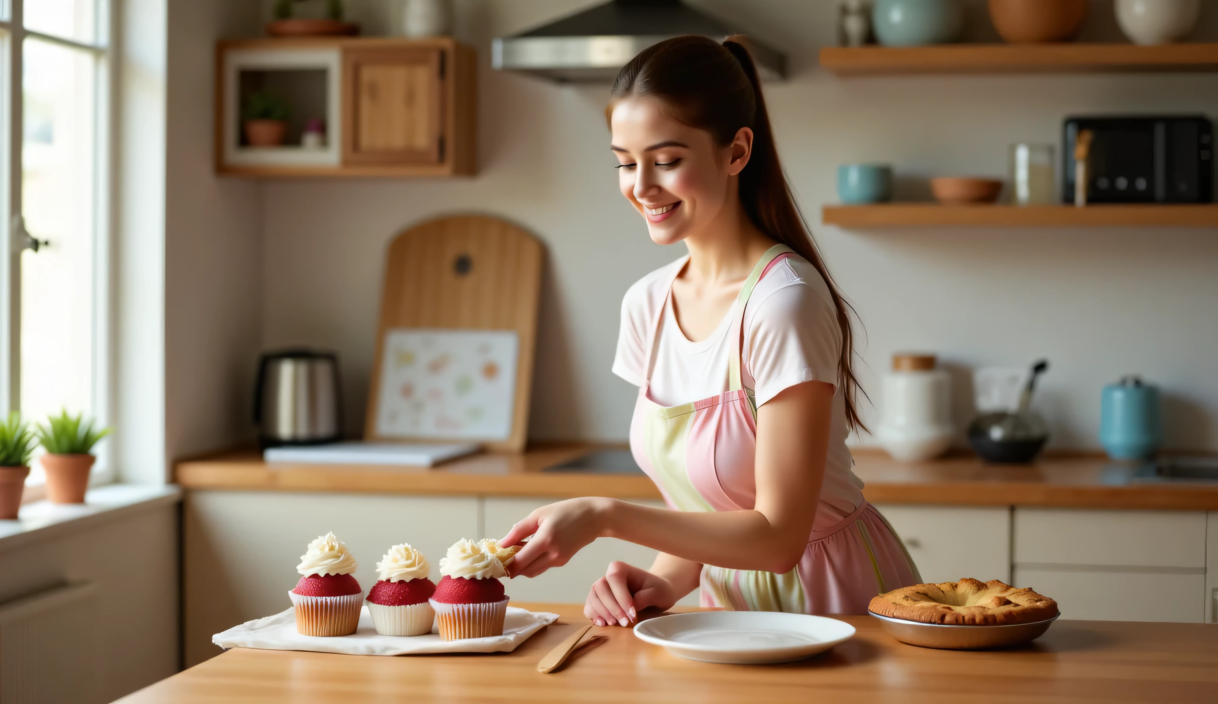 A photo-realistic, high-resolution image of a beautiful 18-year-old girl with long brown hair tied in a high ponytail. She has natural makeup and clear skin, smiling softly as she decorates a tray of classic American desserts in a cozy, sunlit kitchen. She is wearing a pastel-colored apron over casual clothes, standing by a wooden counter with cupcakes, red velvet cake, and apple pie. The kitchen has a warm, homey feel with soft natural lighting streaming through a window. The image looks like a candid real-life photo, capturing a moment full of charm, warmth, and authenticity.