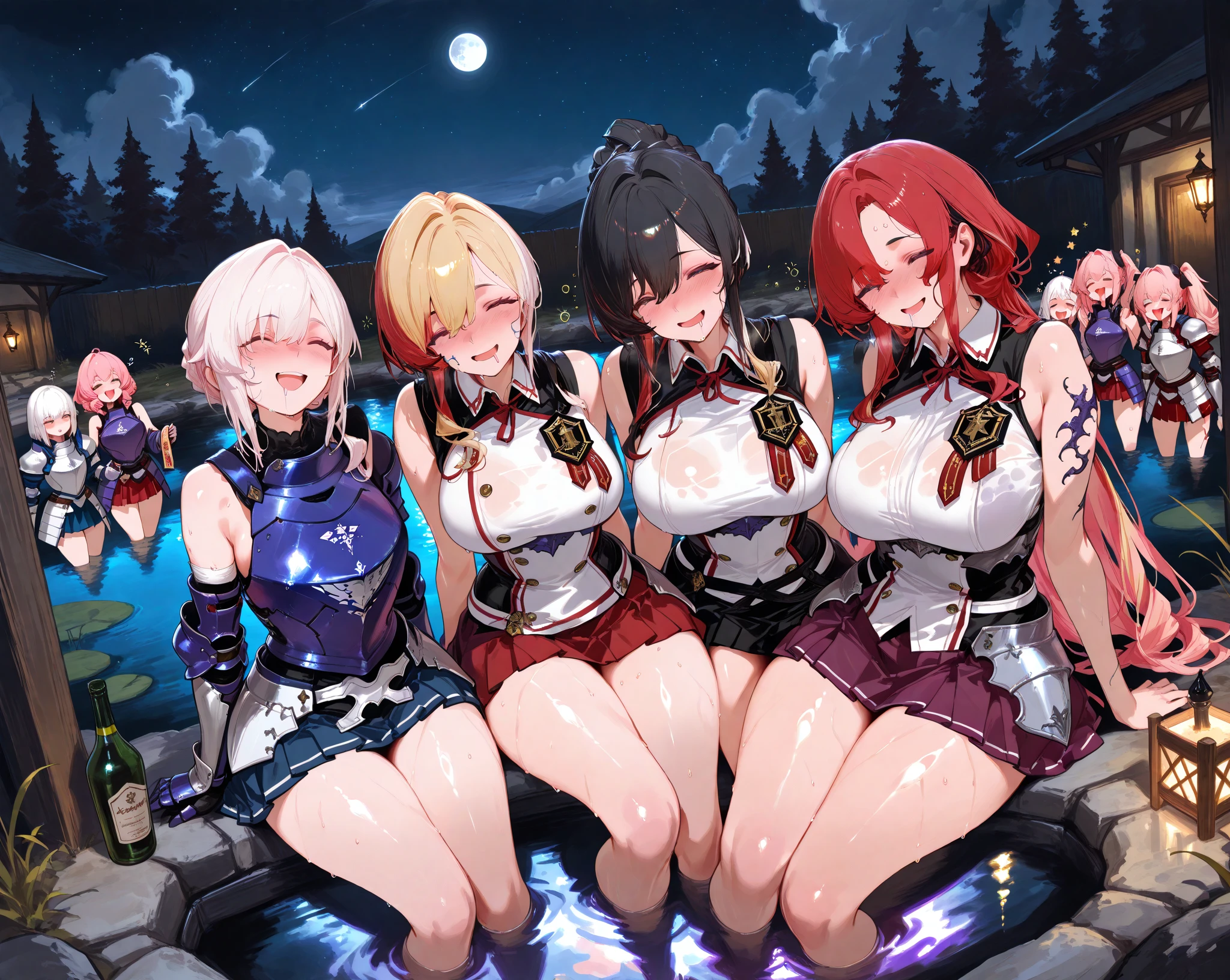 ((masterpiece, best quality, ultra quality, high quality, hyper detailed, intricate detailed, perfect anatomy, shiny skin, cowboy shot,)), (3 women:1.5), cute women are posing for a camera, (At a Japanese hot spring), (Lifting SHIRT:1.3), (Laughing with your mouth open:1.3), Ray Tracing, ((tits)), (Small nipples), nipples, breasts, hair band, Headband, hair bobbles, blouse, shirt, (Stand in line), 12 Talents、13 Talents、14 Talents、15 years old、brown hair, blond hair, navel, jewelry, looking at viewer, necklace, long hair, short hair, (Abdominal muscles),(Depth of written boundary), panties,