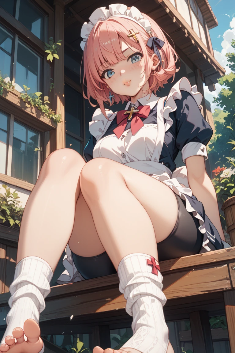 (8K、best image quality、highest quality、masterpiece)、detailed face、1 girl、pink hair、diagonal bangs、light blue eyes、earrings、pink lip、smile showing teeth、big breasts、((white shirt))、cleavage、Roll up your sleeves、black pleated skirt、white socks、loafers、sitting,、knees up、Shooting from diagonally in front、((Back alley background at night))