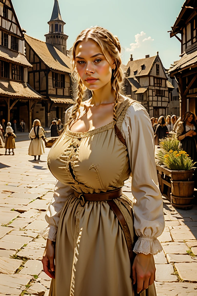 masterpiece, oil painting of Guinwen als junge Magd, 8K, 1 girl, realistic oil painting, pretty face, Gesicht von Guinwen, beautifully detailed eyes, sehr detailliert, blondes Haar, blonde Haare, graue Augen, sichtbare Taille, large breasts, huge breasts, Haaransatz, dancing in the spring, voll bekleidet, medieval, Portrait, Felder im Hintergrund, small farmhouses, full body, ((oil painting)), full cleavage