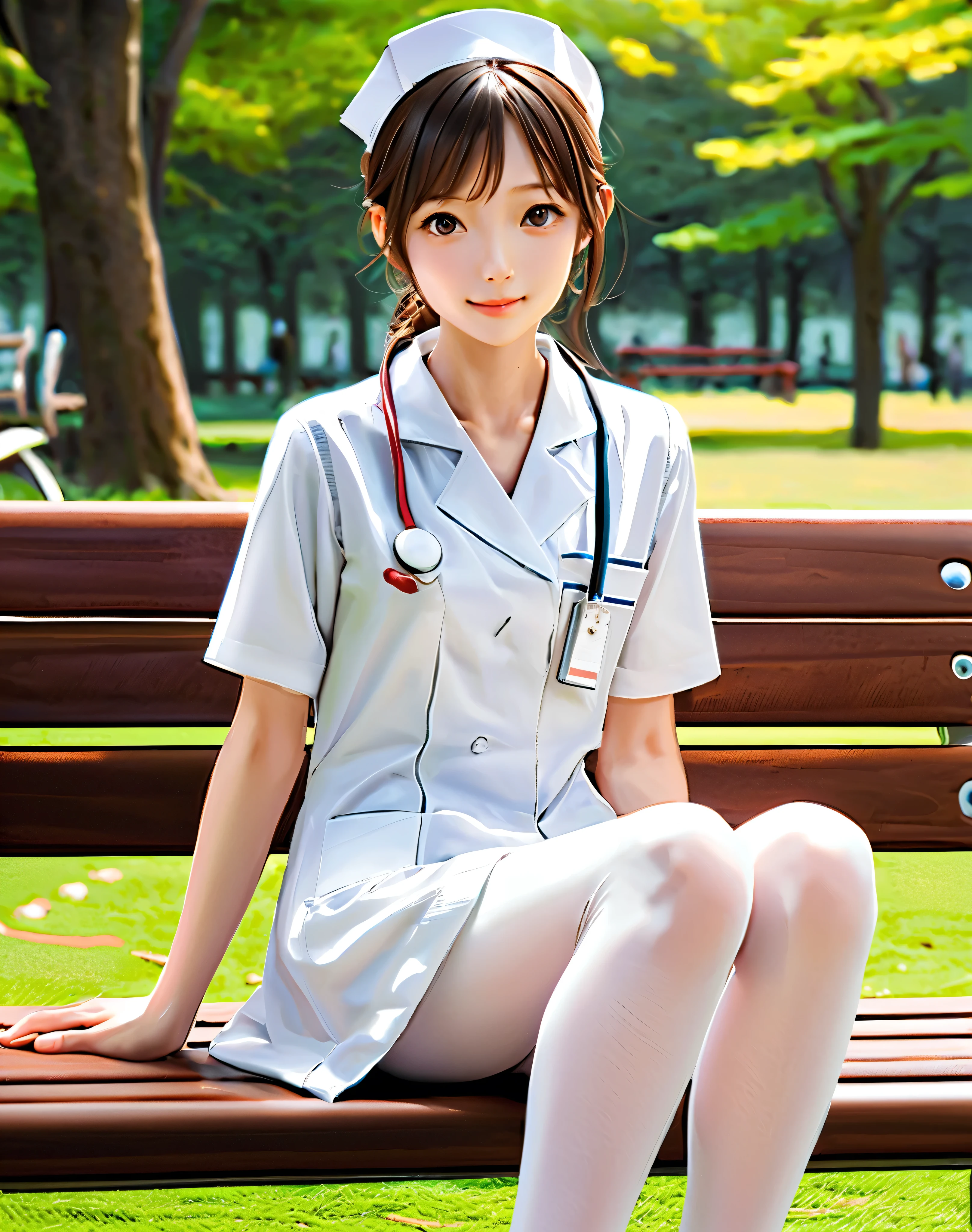 cute young girl, slender ,rating_explicit,score_6_up,score_7_up,score_8_up,score_9,short,symbol body,Young,cute,cute girl,( slender :1.0),Very Thin Thighs,(skinny :1.0),hairpin,realistic,medium breasts,Sitting on a Park Bench,small butt,age 25,Japanese, white tights,white skin,nurse,nurseキャップ,nurse服,short脚,thin legs,Slim arms,has narrow shoulders,(raise your knees and open your legs:1.5),small breasts,skinny, slender ,short,symbol body,Young,cute young girl,has narrow shoulders,realistic,Japanese