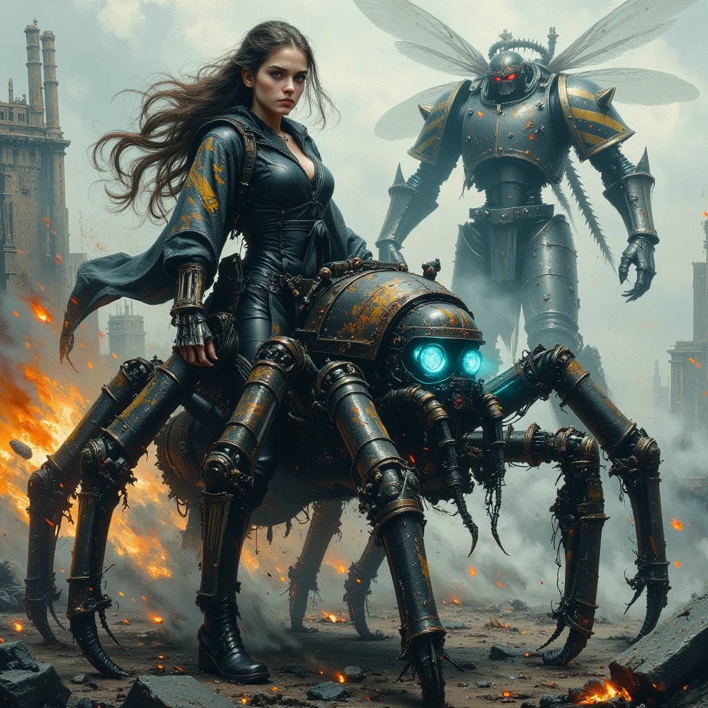 (biomechanical:1.2), <lora:Gigerotic_Anime:0.75> closeup  macro portrait, hornet fairy woman in [psychedelic industrial forest],ornate, [dark teal], [large hornet wings], (nipples:0.6)