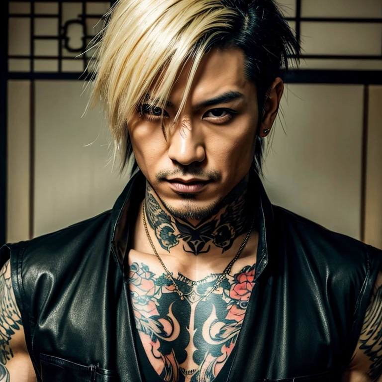 1 man, Japanese man, male, Asian eyes, muscular, broad shoulders, yakuza tattoos, hairstyle Visual Kei style, hair Visual Kei, black men's shirt and black pants, ultra detailed face, hyperrealistic, realistic representation, long hair, long hair, 30 years old, age 30 years, blond, blonde hair