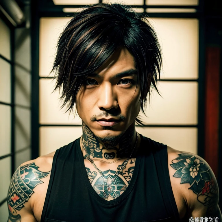 1 man, Japanese man, male, Asian eyes, muscular, broad shoulders, yakuza tattoos, hairstyle Visual Kei style, hair Visual Kei, black men's shirt and black pants, ultra detailed face, hyperrealistic, realistic representation, long hair, long hair, 30 years old, age 30 years, blonde hair