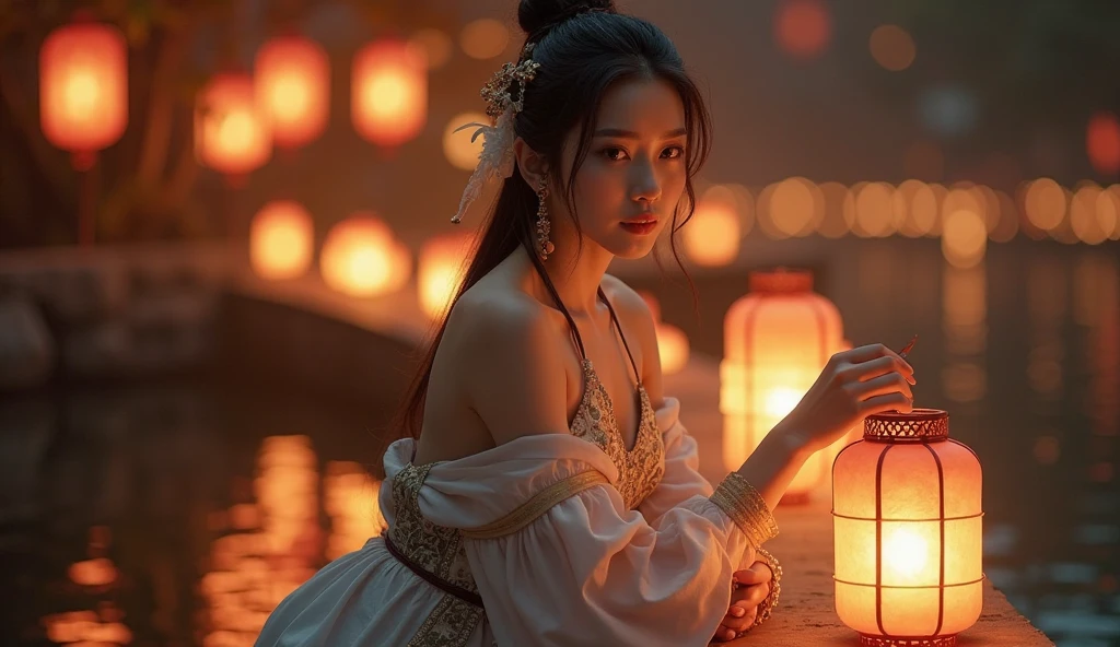 (Masterpiece, 4k resolution, ultra-realistic, very detailed), (charismatic, there's a girl on traditional japanese roof, [ ((22 years), (long hair:1.2), full body, (dreaming, sitting on roof top), ((sandy village environment):0.8)| (old village, at night, dynamic lights), (full moon))] beautiful woman with perfect figure, highly detailed lingerie, highly detailed face and skin,  outside in the traditional village, japansese village, japan details, super sexy, japanese clothes details in lingerie, camel toe, anime look village, fit girl, small abs, animals around.