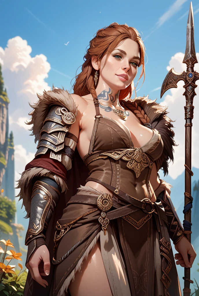 Solo, Score_9, score_8_up, score_7_up, mature woman, athletic hourglass figure, fur bra, animal hide armor, brown curly hair, wide hips, animal hide armor, caveman armor, barbarian armor, portrait image.